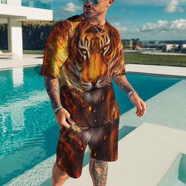 Survêtements pour hommes T-shirts Ensembles Animal Tiger 3D Print Survêtement T-shirts Shorts 2 Pièces Streetwear Surdimensionné Homme Costumes Sportswear