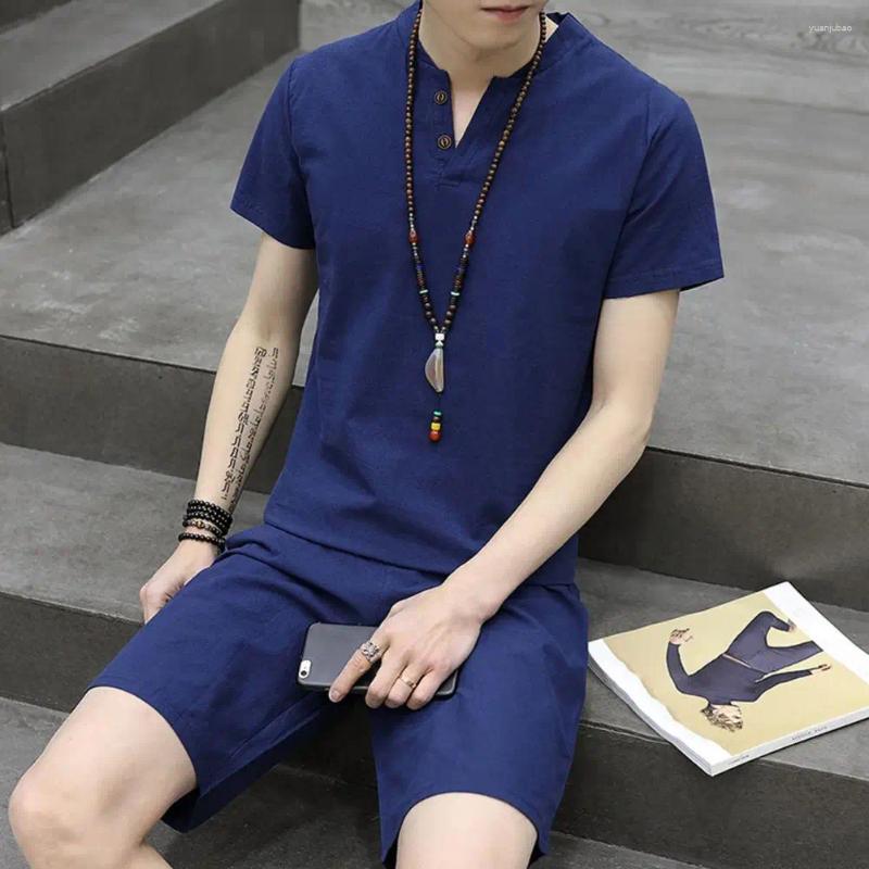 Men's Tracksuits T-shirt Shorts Set Casual Sportwear With V-neck Elastic Waist Solid Color Outfit For Homewear Leisure