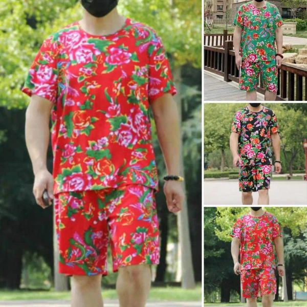 T-shirts de survêtement masculin Set Shorts de style ethnique chinois Tenue imprimée florale avec un col court à manches courtes à manches courtes larges pour l'été