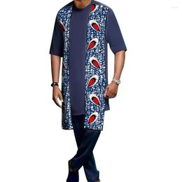 Trainingspakken voor heren, op maat gemaakt, patchworkoverhemden met effen broek, marineblauw bruidegompak, herenoutfits in Nigeriaanse stijl