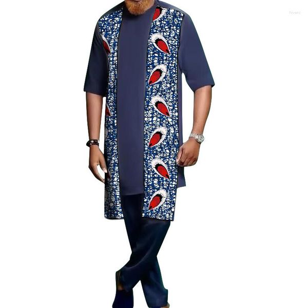 Survêtements pour hommes Conception sur mesure Chemises patchwork avec pantalon solide Costume de marié bleu marine Tenues de style nigérian pour hommes