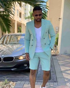 Trainingspakken voor heren op maat gemaakt Mint Green Double Breasted Mens Suits Short Pants Summer Beach Bruidegom Suite Casual Business Wedding Best Man Blazer W0329