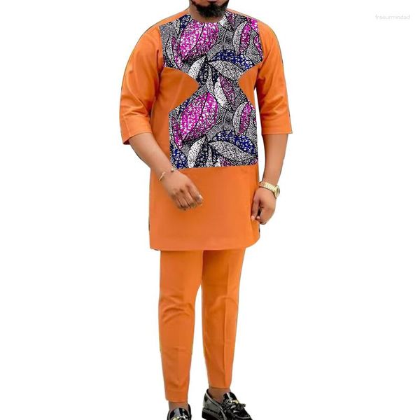 Conjunto de chándales a medida para hombre, camisas de media manga de retazos con pantalones sólidos, traje de novio naranja, trajes de estilo nigeriano para hombre