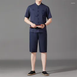 Parcours masculin Tang Tang Suit chinois pour les hommes Summer haut de gamme Minfu Hanfu Dark Cell Broidery Stand Collier Short Sleeve
