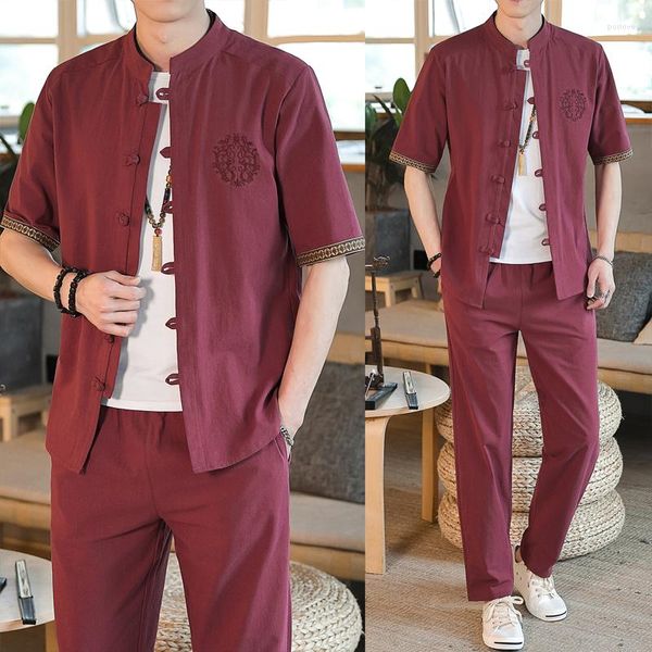 Survêtements pour hommes Costume Tang Vêtements d'été Coton et lin Style chinois Chemise à manches courtes Pantalon Ensemble 2 pièces