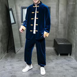 Trainingspakken voor heren Tang Suits Hit Color Men's Plus Size Velvet Jacket broek Verbeterde Hanfu retro jeugd nieuwigheid Zen Clothing National