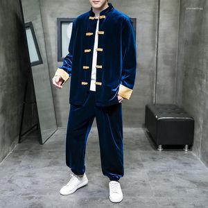 Survêtements pour hommes Costumes Tang Hit Color Veste en velours grande taille pour hommes Pantalon amélioré Hanfu Retro Jeunesse Nouveauté Zen Vêtements National