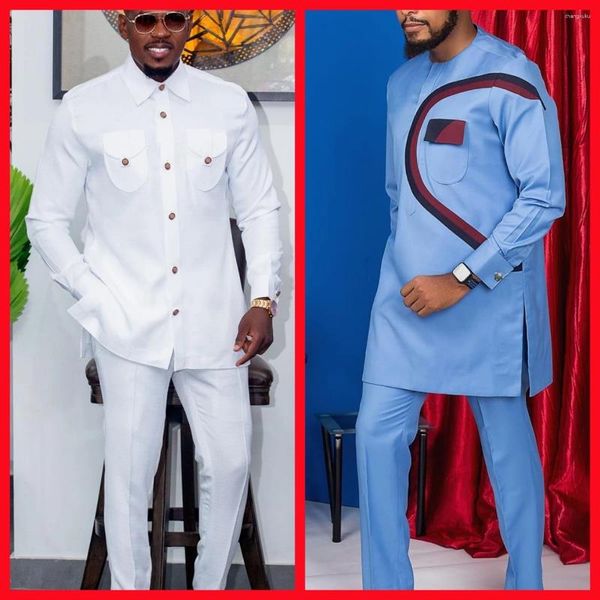 Survêtements pour hommes Tenos mariage 2 pièces costume taille pantalon chemise panneau de couleur unie à manches longues fête style ethnique africain vêtements (M-4XL)