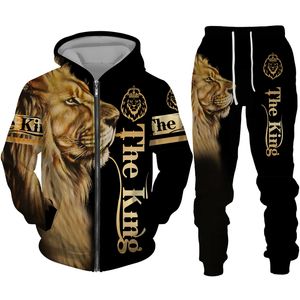 Survêtements pour hommes Le Roi Lion 3D Imprimer Zipper Hoodie / Costume Casual Sportwear Deux Pièces Ensemble Cool Animal Pattern Veste Pantalon Survêtement 221128