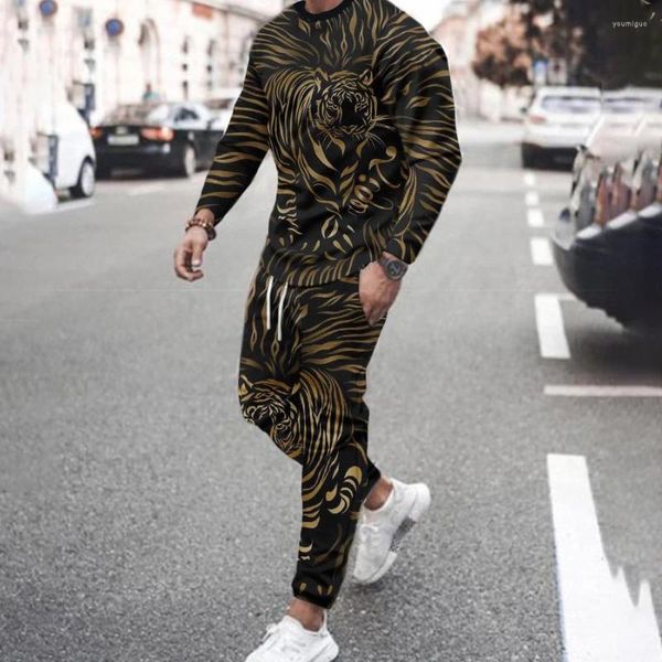 Chándales para hombre, conjunto con estampado 3D de tigre, camiseta de manga larga, pantalones, 2 piezas, informal, Hip Hop, ropa de calle de gran tamaño, traje deportivo para hombre