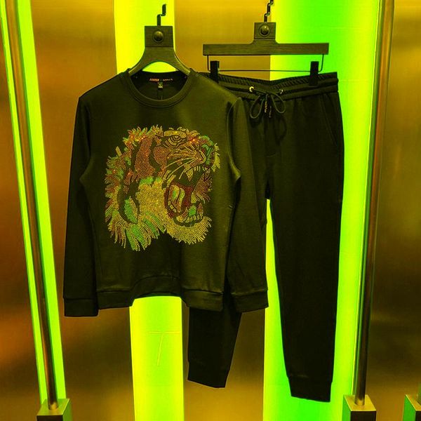 Survêtements pour hommes Tiger Diamond Brillant Noir Hip-Hop Streetwear Coton Tissu Top Sweat-shirt Pantalon Survêtement Ensembles Pour Hommes Surdimensionné Sweat À Capuche