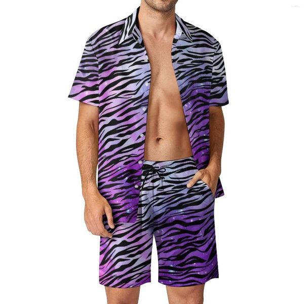 Chándales para hombres Conjuntos para hombres con estampado de tigre Pantalones cortos casuales en negro y morado Ropa de playa vintage de verano Conjunto de camisa de manga corta Traje de gran tamaño Cumpleaños