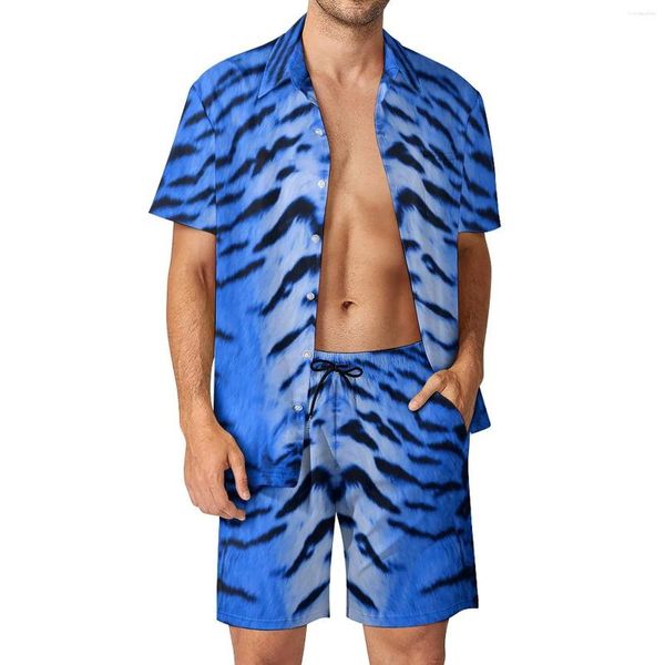 Suisses de survêtement masculines Tiger Skin Print Men Set Men Blue Striped Casual Shorts Shirt Set Summer Streetwear Cost Courts Côtes surdimensionnés