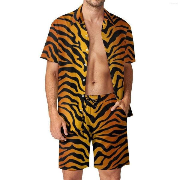 Chándales de hombre Tiger Stripes Yellow Vacation Men Sets Animal Print Casual Shirt Set Summer Graphic Shorts Traje estético de 2 piezas Tallas grandes