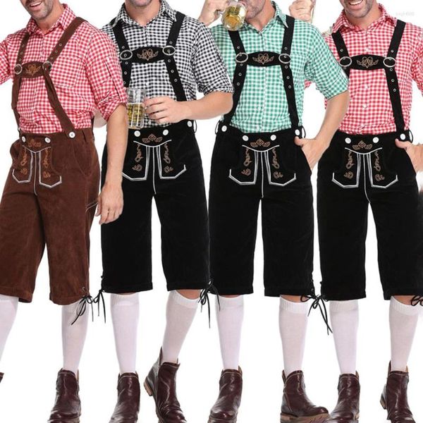 Chándales de los hombres Traje de pantalones cortos de cerveza bávaros tradicionales Trajes de Oktoberfest de Alemania Hombres adultos Monos Camisa Sombrero Tirantes Conjunto Halloween