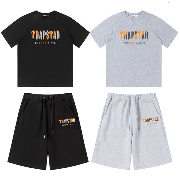 Survêtements pour hommes Trapstar Printemps Et Été Orange Gris Serviette Coton Brodé T-shirt De Sport De Haute Qualité Short À Manches Courtes Costume 230727