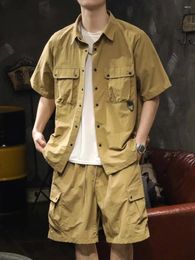 Trendy ladingzomerset voor heren Trendy Cargo Set Men Shirt Shirt met zakken en shorts Solid Casual Safari Outdoor Outfits