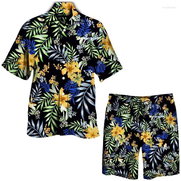 Survêtements pour hommes imprimé floral tropical ensembles hawaïens décontractés à manches courtes chemise à revers boutonnée shorts de plage costumes 2 pièces tenues