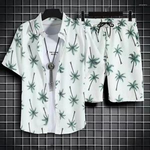 Tracksuits pour hommes Feuilles tropicales Tépreinte imprimée Shorts de chemise de style hawaïen Ensemble avec une taille à cordon de revers pour l'été