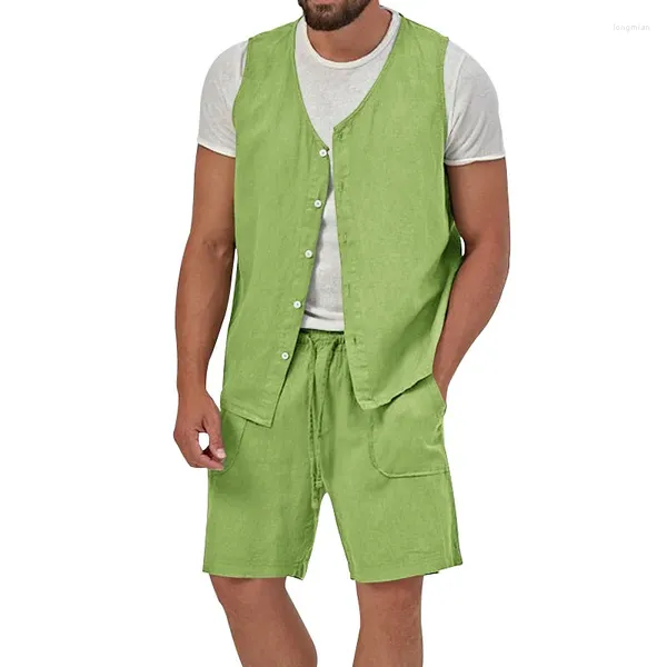 Chándales para hombres Conjunto de pantalones cortos de chaleco de lino de algodón de dos piezas para 2024 Verano Casual Sin mangas Cardigan Tank Tops Trajes con cordón