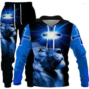 Survêtements pour hommes Ensemble de deux pièces Bible chrétienne Foi Jésus Dieu Hommes Sweat à capuche / Costume Cool 3D Lion Imprimé Streetwear Couple Vêtements Jogging