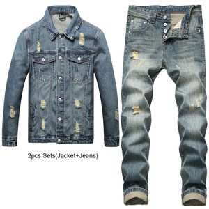 Nostalgique Simple Casual Hommes 2pcs Pantalons Ensembles Trou Déchiré Slim Fit À Manches Longues Denim Veste Et Jeans Printemps Automne Rétro Bleu Streetwear