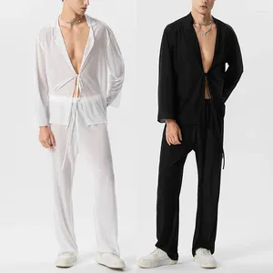 Survêtements pour hommes Deux pièces Ensemble Mince Solide Sexy Perspective Costumes Deep V-Lace Cardigan à manches longues Chemise et pantalon Mode pour hommes Vêtements