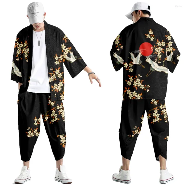 Trajes de pista para hombres traje de dos piezas de gran tamaño xxs-6xl estilo japonés estilo kimono y pantalones set hombres blusa de cárdigan haori obi asiático ropa