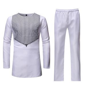 Chándales para hombres Trajes de dos piezas Ropa tradicional africana Conjuntos de trajes para hombres Dashiki negro Pantalones superiores Rich Bazin Stripe Cuello redondo Manga larga