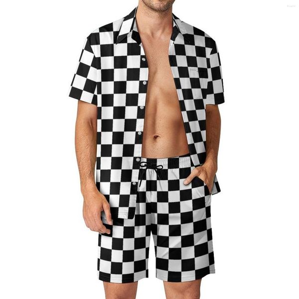 Chándales para hombres Conjuntos de hombres de playa de dos tonos Conjunto de camisa casual de tablero de ajedrez blanco y negro Pantalones cortos con gráficos de verano Traje de novedad de 2 piezas 2XL 3XL