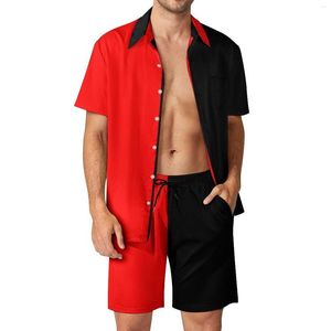 Chándales para hombres Conjuntos para hombres de vacaciones en dos tonos Conjunto de camisa informal en rojo y negro Pantalones cortos con gráficos de verano Traje vintage de dos piezas de talla grande