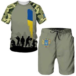 Parcours masculins Ukraine Forces spéciales 2pcs 3D Camouflage Men Set T-shirt + Shorts 2pcs Suit Men T-shirts Fashion Set Set Men Clothes T240507