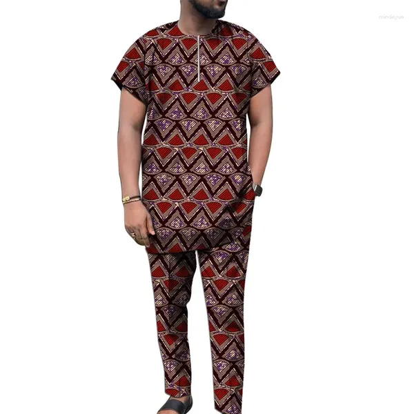 Chándal para hombre Tops de manga ultracorta con pantalones de cintura elástica Traje de novio Camisa con escote con cremallera de moda nigeriana Trajes de fiesta de boda