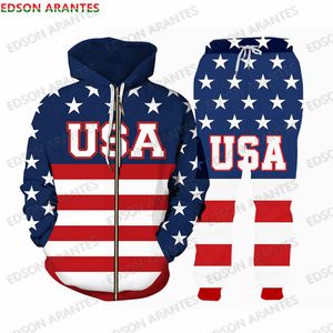 Survêtements pour hommes USA Flag Zip Sweat à capuche Joggers Pantalon Survêtement American US Imprimer T-shirt / Veste / Sweat-shirt Pantalon de survêtement Combo Custom S-7XL 230920