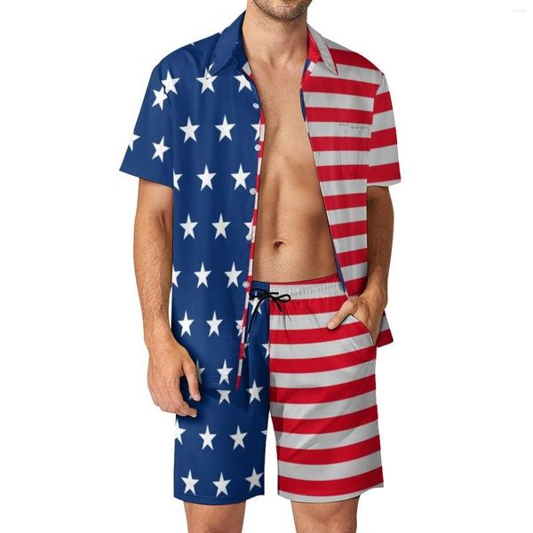 Chándales para hombres Bandera de EE. UU. Estampado de hombres Conjuntos de estrellas y rayas Pantalones cortos casuales Camisa de vacaciones divertida Conjunto de manga corta Gráfico Traje de gran tamaño Regalo