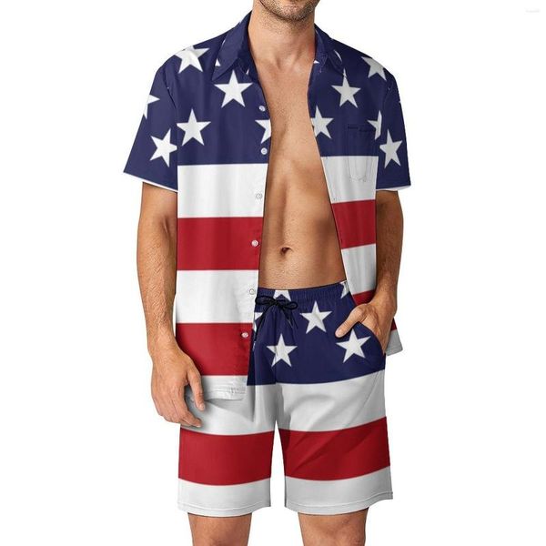 Suits-survêtement masculins USA Flag Print Men sets American Stars and Stripes Shorts décontractés Shirt Set Summer Trendy Custom Costume Côté courte