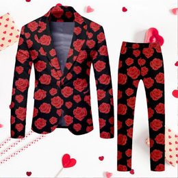 Chándales para hombres Chaqueta y pantalones informales estampados para el día de San Valentín Traje de traje ajustado para hombres Vestido para hombre grande y alto