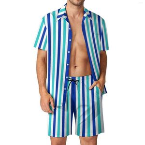 Survêtements pour hommes à rayures verticales hommes ensembles bleu blanc Shorts décontractés vêtements de plage chemise ensemble été Cool costume personnalisé manches courtes surdimensionné