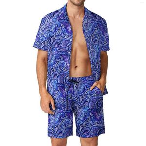 Survêtements pour hommes Vibrant Blue Paisley Men Sets Retro Print Casual Shirt Set Vintage Vacation Shorts Custom Suit Two-piece Clothing Plus Size