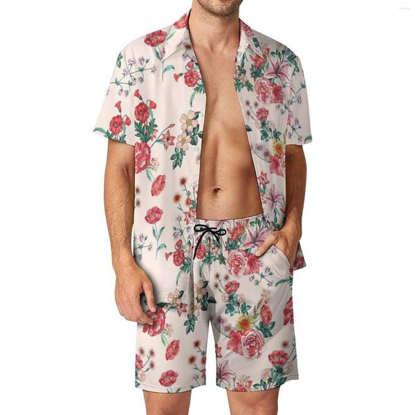 Survêtements pour hommes Vintage Fleur Imprimer Hommes Ensembles Rouge Floral Esthétique Chemise Décontractée Ensemble À Manches Courtes Short Personnalisé Été Vacances Costume 2XL 3XL