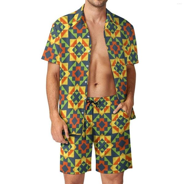 Survêtements pour hommes Vintage Geo Print Hommes Ensembles Design Carré Tendance Chemise Casual Ensemble Manches Courtes Shorts Summer Beach Costume Grande Taille