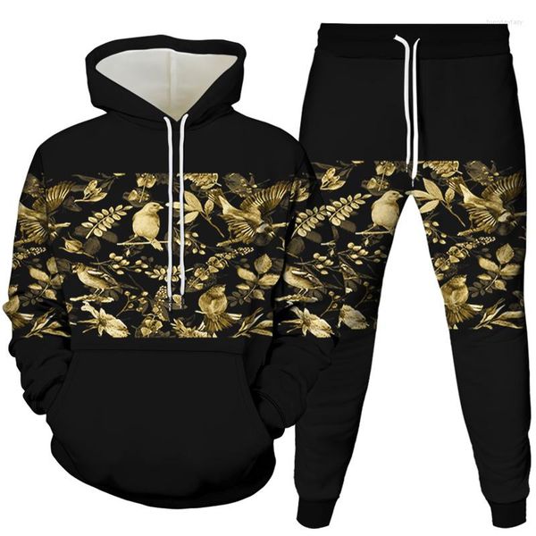 Chándales para hombres Vintage Harajuku Estilo Hombres Mujeres Chándal Ropa Florial Bird Snake Rose Print Sportwear Sudaderas con capucha Pantalones de jogging 2pcssets