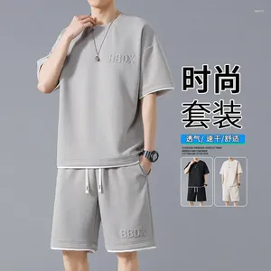 Les survêtements masculins Waffle Summer surdimensionné décontracté à manches courtes à manches courtes à manches courtes respirantes et polyvalent beaux sports ajustés en deux pièces