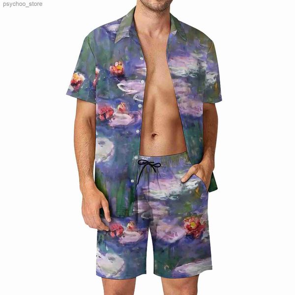 Survêtements pour hommes Water Lily Mens Claude Monet 1916 Shorts décontractés Beach Shirt Set Summer Fashion Design Set Manches courtes Vêtements surdimensionnés Q240314