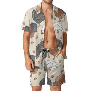 Chándales de hombre Acuarela Pollo Conjuntos de hombres Animal Art Print Pantalones cortos casuales Ropa de playa Conjunto de camisa Traje de moda de verano Mangas cortas de gran tamaño