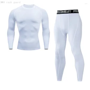 Survêtements pour hommes Blanc Gym Set T-shirt à manches longues Leggings 2 en 1 Compression Sports Deuxième couche Séchage rapide Rashguard Hommes