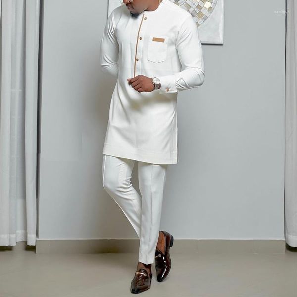 Survêtements pour hommes Caftan blanc Ensembles de 2 pièces Costume pour hommes Bouton Col ras du cou Poches Haut à manches longues et pantalon Tenue de style ethnique de mariage