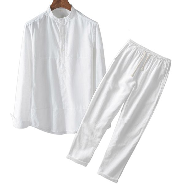 Survêtements pour hommes Blanc Premium Coton Chemise en lin Pantalons Tenues Ensembles de lin pour hommes 2 pièces Chemises à manches longues/courtes Pantalons de yoga Costumes de mariage de plage 230717