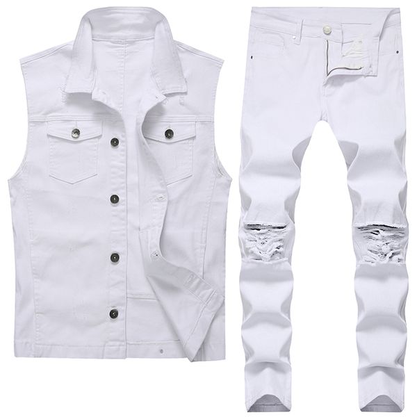 Survêtements pour hommes Blanc Costume deux pièces Mode Slim Effiloché Denim Gilet + Pantalon Skinny Ripped Printemps Sumer Automne Jeans pour hommes