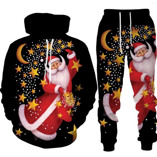 Chándales de invierno Feliz Navidad para hombre y mujer, chándal de 2 piezas, conjunto de ropa con estampado de alces de Papá Noel para hombre, traje para fiesta Chandal